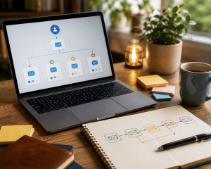 Planning an autoresponder email sequence with connected email workflow steps.