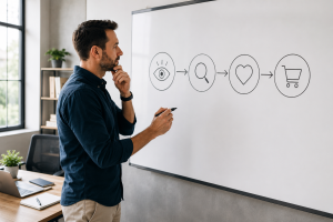 Marketer planning an ad using the AIDA copywriting framework.
