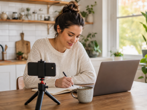 Beginner creating helpful online marketing content from home.
