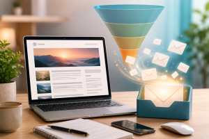 Blog content flowing into an email funnel for beginner online marketers.

