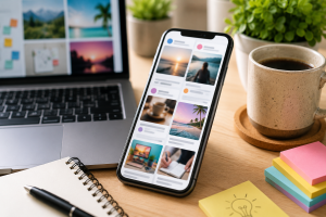 Smartphone and laptop representing social media micro content for beginner content marketing.

