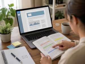 A marketer turning part of a blog post into an email newsletter at a clean desk.
