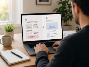 Marketer simplifying a messy ad draft into a clearer and cleaner version