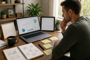 Online business beginner reviewing progress charts and a checked calendar, showing consistency and patience.