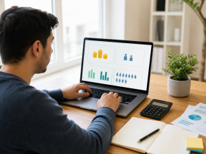 Marketer comparing campaign costs, leads, and customer acquisition data on a laptop.
