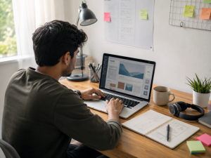 Beginner freelancer working from home on a laptop with notes and planning materials nearby.
