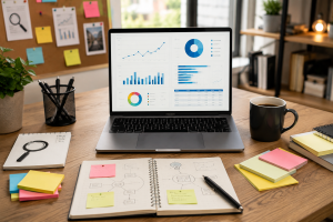 4210526 Laptop workspace showing keyword research and niche demand analysis for beginners.