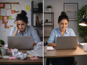 Before and after view of a beginner marketer gaining confidence with copywriting frameworks.