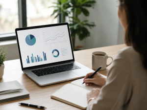 Online marketer reviewing analytics to improve content and avoid common online marketing mistakes.

