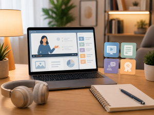 Beginner-friendly webinar and free course funnel setup on a laptop.
