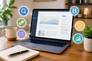 Blog content being optimized for SEO with keyword, heading, checklist, and search icons.

