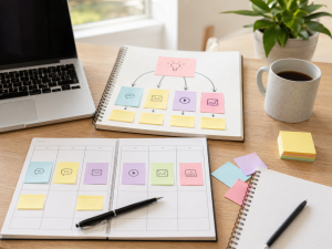 A weekly content workflow showing one blog post planned into several marketing assets across the week.
