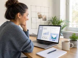 Beginner marketer reviewing an email dashboard with growth visuals on a laptop.

