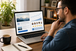 Marketer reviewing a polished ad with improved performance and a strong call to action.
