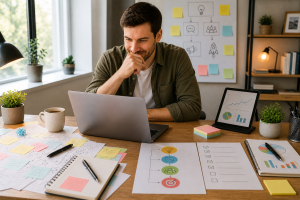 Beginner entrepreneur testing an online offer and preparing for launch with a checklist.
