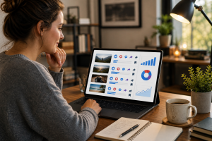 Content creator reviewing social media engagement and audience interaction on a laptop.
