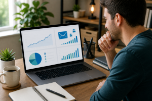 Marketer tracking subscriber growth from email list building strategies in a clean home office
