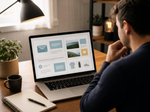 Laptop showing a balanced email strategy with helpful content and gentle product recommendations
