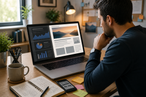 Person reviewing blog content strategy and performance on a laptop in a clean workspace.
