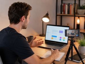 Beginner content creator planning or recording helpful online content from home.
