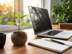 Small plant beside a laptop symbolizing steady growth and consistency in online marketing