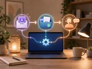 Online business automation workflow showing email signup, digital delivery, and customer support.