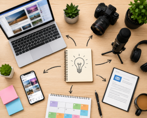 One content idea being repurposed into blog posts, social media, video, and email content
