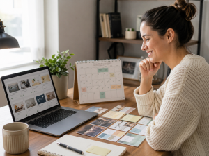 A beginner marketer feeling confident while reviewing a completed content plan and multiple repurposed assets.
