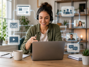 Beginner marketer building online partnerships and referral traffic from a laptop in a home office.
