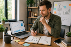 Confident beginner entrepreneur reviewing a simple business plan with visible signs of progress.
