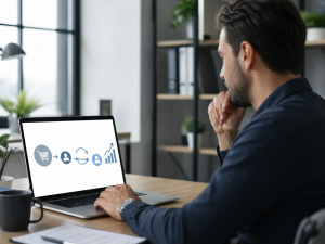  Marketer reviewing a visual customer journey showing repeat purchases and long-term value.
