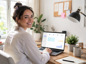 Confident content creator working on strong content ideas with signs of progress on screen