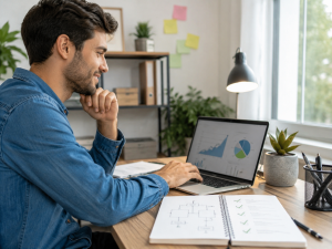 Beginner online entrepreneur reviewing a simple action plan with a sense of progress and confidence.
