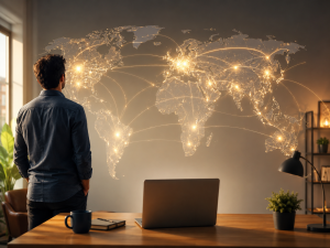 Person viewing a digital world map showing the global reach of an online business.