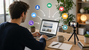 Beginner affiliate marketer at a laptop with visual symbols representing free traffic sources in a bright home office.