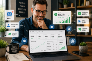 Small business owner reviewing email marketing results on a laptop in a bright home office.
