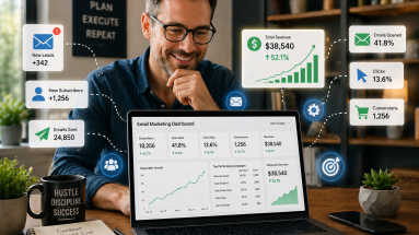 Small business owner reviewing email marketing results on a laptop in a bright home office.