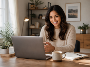 Online creator building trust with their audience from a cozy workspace