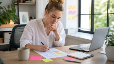 Beginner entrepreneur using a product launch checklist while planning an online offer at a laptop.