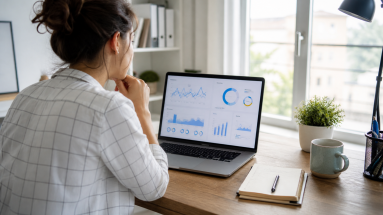 Beginner marketer reviewing a simple analytics dashboard on a laptop in a bright home office.