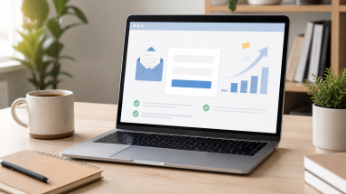 HEADER - Email list building strategies shown on a laptop with signup form and subscriber growth visuals in a modern workspace