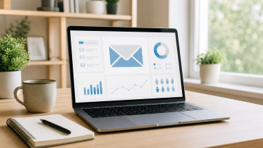 Laptop on a tidy desk showing an email marketing dashboard in a bright home office