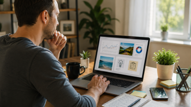 Beginner entrepreneur working at a laptop in a bright home office while planning an online business.