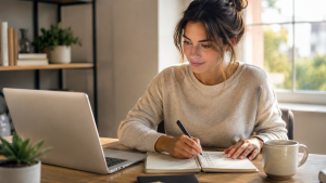 ahead190526 Beginner planning daily habits for internet marketers at a home office desk