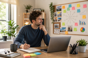 ahead210526 Beginner researching profitable niches for online marketing at a laptop in a bright home office.