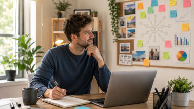 Beginner researching profitable niches for online marketing at a laptop in a bright home office.