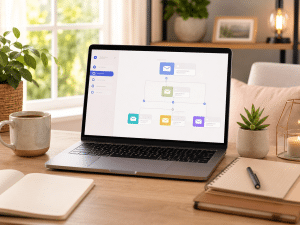 Email autoresponder dashboard on a laptop in a modern home office setup.