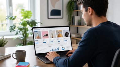 Beginner marketer reviewing Facebook ad testing ideas on a laptop in a modern home office.