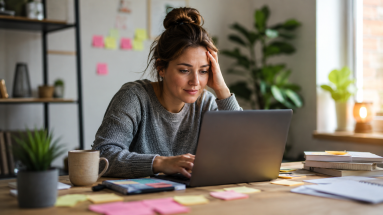 Beginner online marketer feeling overwhelmed while learning how to avoid online marketing mistakes.
