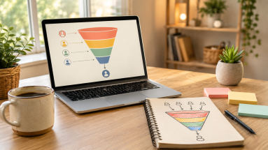 Simple sales funnels for beginners shown with a laptop, notebook, and funnel diagram on a desk.